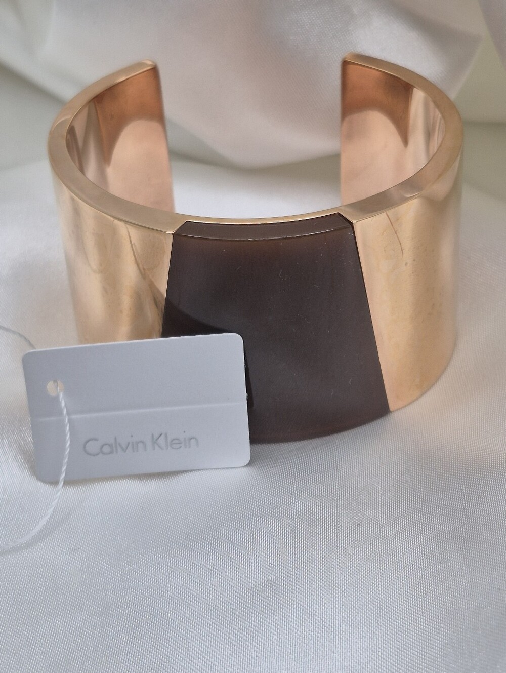 Calvin Klein Rose Gold Plated Cuff Bracelet w Brown Inlay NEW W TAG NEW IN BOX